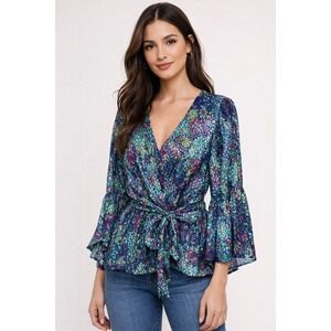 DG2 Diane Gilman Floral Ruffle Sleeve Wrap Blouse Women's Medium Multicolor NWT
